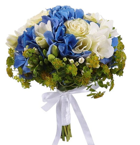 Blue Hydrangea with Roses and Feesias Bridal Bouquet