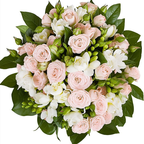 Blushing Pink Bouquet of Roses with Freesias and Alstroemeria - Flowers Box London