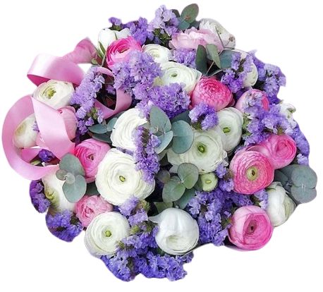 Bouquet of Pink and White Ranunculus with Purple Limonium