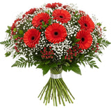 Bouquet of Red Gerberas with Gypsophila and Hypericum - Flowers Box London