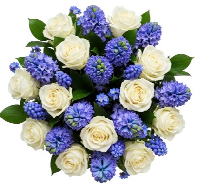 Bouquet of Roses and Hyacinth with Blue Forget Me Not
