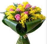 Bouquet of Roses with Mimosa in Aspidistra Leaves - Flowers Box London