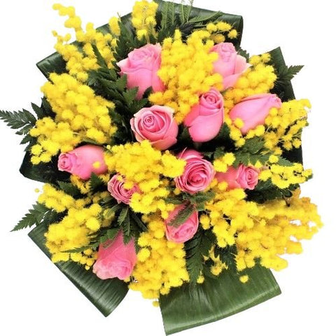 Bouquet of Roses with Mimosa in Aspidistra Leaves - Flowers Box London