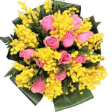 Bouquet of Roses with Mimosa in Aspidistra Leaves - Flowers Box London