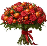 Bouquet of Spray Roses with Rose Hips and Mini Pumpkin - Flowers Box London