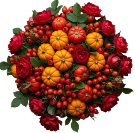 Bouquet of Spray Roses with Rose Hips and Mini Pumpkin - Flowers Box London