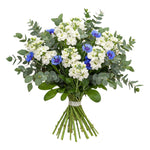 Bouquet of Stock with Blue Cornflowers and Greeneery