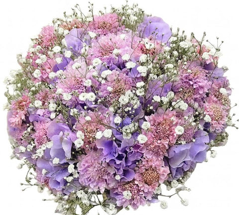 Bouquet of Sweet Pea and Pink Scobiosa in Gypsophila