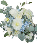 Bouquet of White Dahlia in Blue Hydrangea - Flowers Box London