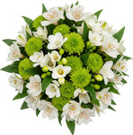 Bouquet of White Freesias and Alstroemeria with Green Santini Chrysanthemum