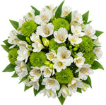 Bouquet of White Freesias and Alstroemeria with Green Santini Chrysanthemum