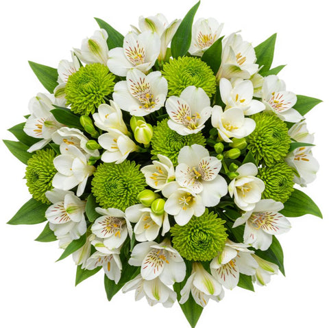 Bouquet of White Freesias and Alstroemeria with Green Santini Chrysanthemum