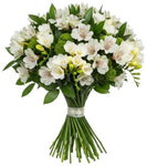 Bouquet of White Freesias and Alstroemeria with Green Santini Chrysanthemum