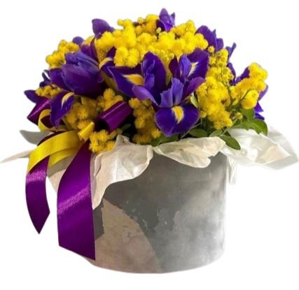 Box of Mimosa and Blue Irises - Flowers Box London