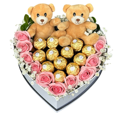 Box of Pink Roses and Chocolate - Flowers Box London