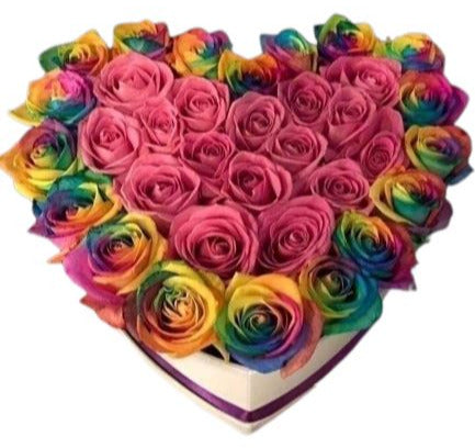 Box of Pink Roses in Rainbow Roses Heart