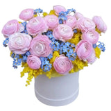 Box of Ranunculus and Blue Forget Me Not with Mimosa Accent - Flowers Box London