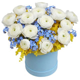 Box of Ranunculus and Blue Forget Me Not with Mimosa Accent - Flowers Box London