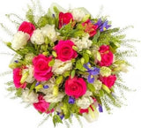 Bright Bouquet of Cerise Roses and Lisianthus and Irises - Flowers Box London