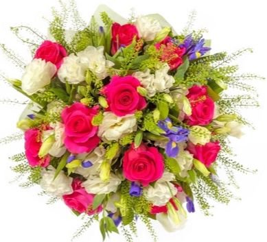 Bright Bouquet of Cerise Roses and Lisianthus and Irises - Flowers Box London