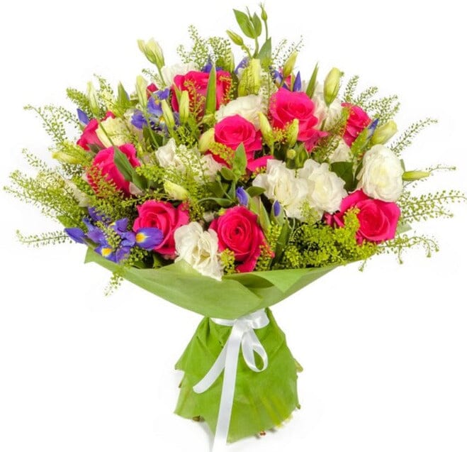Bright Bouquet of Cerise Roses, Lisianthus & Irises – Bold Flower ...