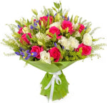 Bright Bouquet of Cerise Roses and Lisianthus and Irises - Flowers Box London