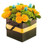 Bright Box of Yellow and Green Flowers with Chocolate Eggs - Flowers Box London
