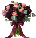 Burgundy Dahlia and Peach Roses Bouquet - Flowers Box London