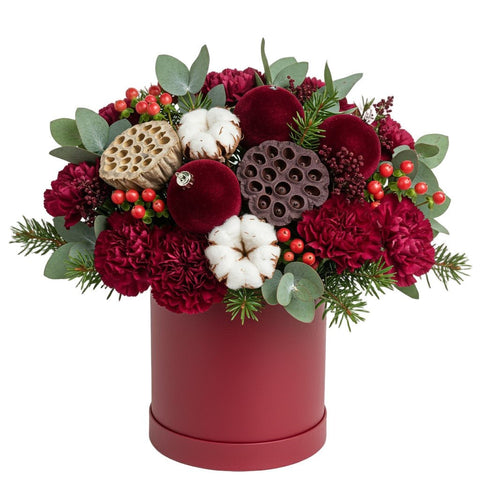 Carnations with Red Baubles Festive Box - Flowers Box London