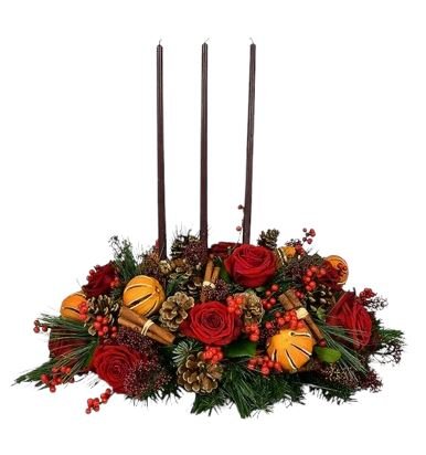 Centerpiece of Red Roses and Dried Orange Fruits - Flowers Box London