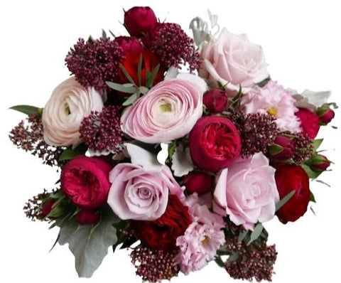 Charming Bouquet of Pink Ranunculus in Deep Red Blooms - Flowers Box London