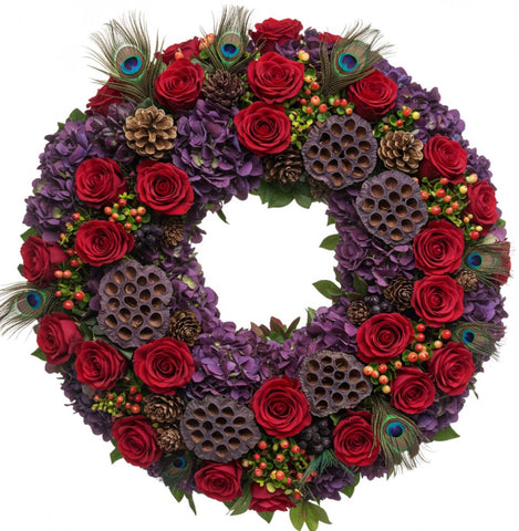 Charming Purple Hydrangea and Red Roses Door Wreath - Flowers Box London