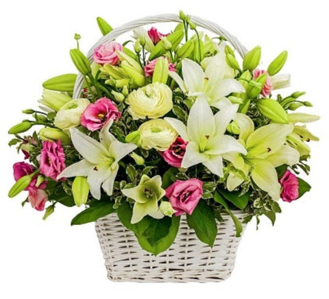 Charming White Lily with Lisianthus Basket - Flowers Box London