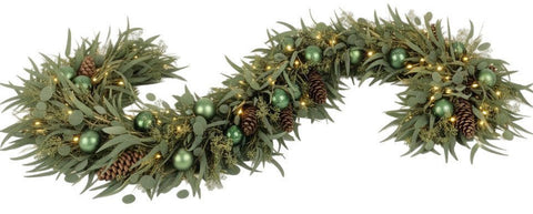 Christmas Eucalyptus Garland with Green Baubles and Pine Cones - Flowers Box London