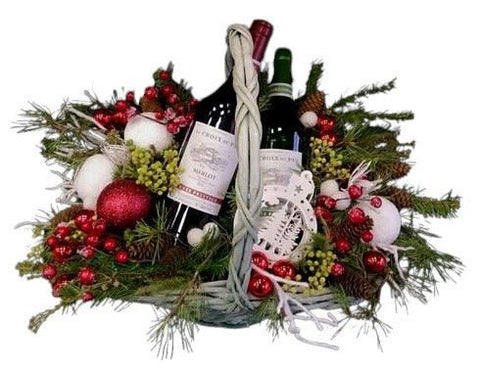 Christmas Wine Basket with Decoration - Flowers Box London