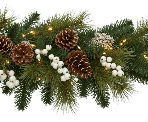 Classic Evergreen Garland with Pine Cones and Winter White Berries - Flowers Box London