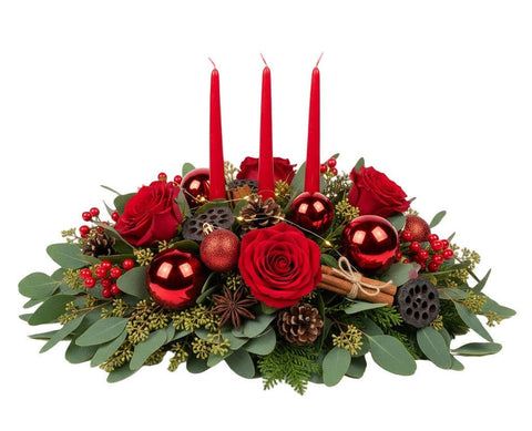 Classic Red Roses and Baubles Christmas Centerpiece - Flowers Box London