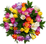 Colored Freesias with Greenery Bouquet - Flowers Box London