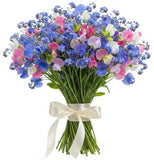 Colored Sweet Pea and Blue Forget Me Not Bouquet