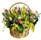 Colored Tulips and Mimosa in Basket - Flowers Box London
