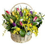 Colored Tulips and Mimosa in Basket - Flowers Box London
