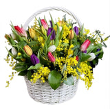 Colored Tulips and Mimosa in Basket - Flowers Box London