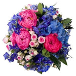 Coral Peony & Royal Blue Hydrangea Bouquet - Flowers Box London