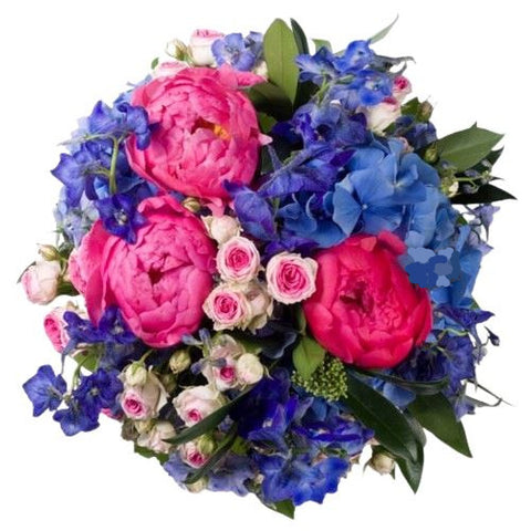 Coral Peony & Royal Blue Hydrangea Bouquet