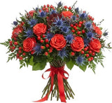 Coral Symphony with Blue Bouquet - Flowers Box London