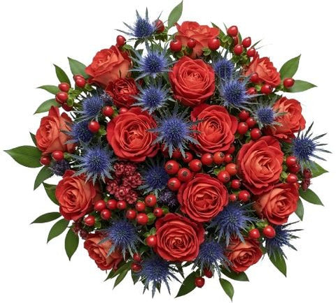 Coral Symphony with Blue Bouquet - Flowers Box London