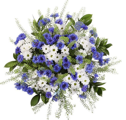 Cornflowers and White Santini Chrysanthemum Bouquet