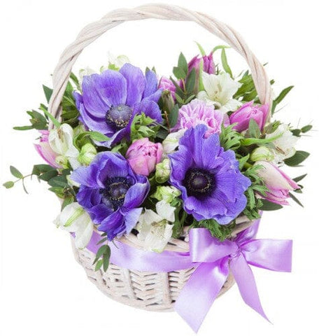 Cute Basket of Anemone and Tulips