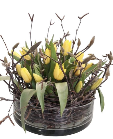 Cylinder Glass Bow of Tulips and Twigs