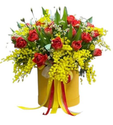 Double Tulips and Mimosa Spring Box - Flowers Box London